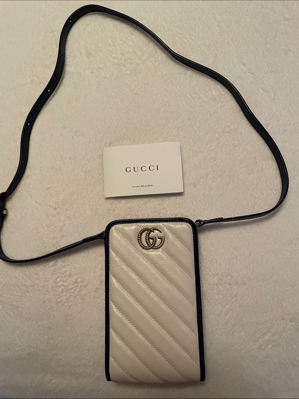 Gucci Cream Quilted Leather Phone Crossbody with Black Trim and GG Hardware